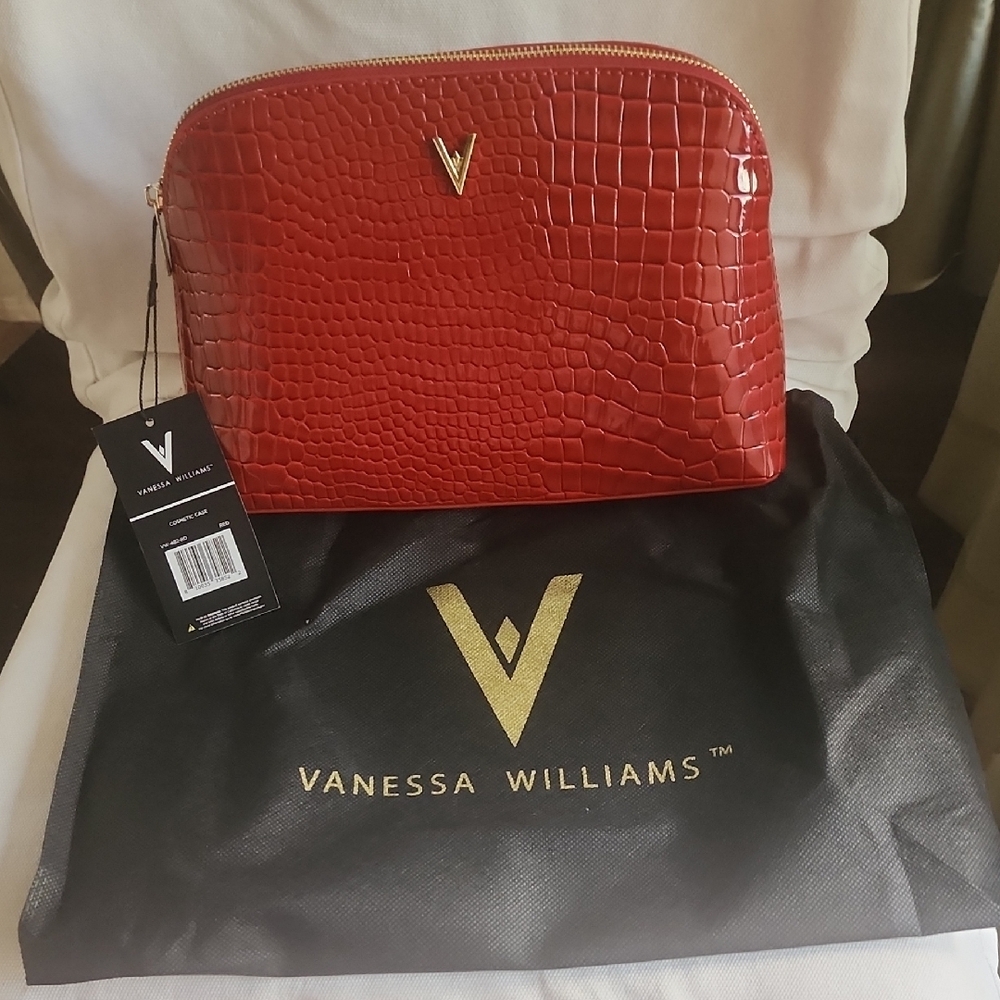 Red Crocodile-Embossed Cosmetic Case with Gold Hardware